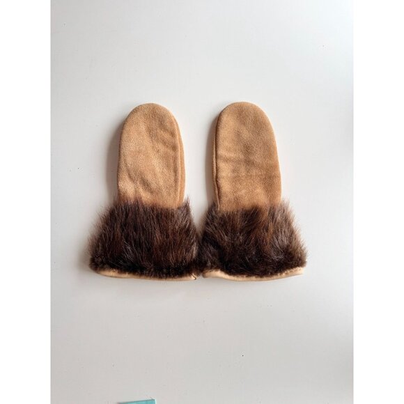 Vintage Alaskan Tan Suede Leather Beaver Fur Trim Sheepskin Lined Eskimo Mittens - Picture 1 of 11